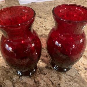 Two 6” red glass vases